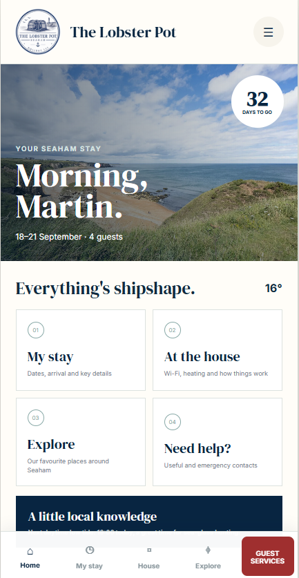 The Lobster Pot guest app home
