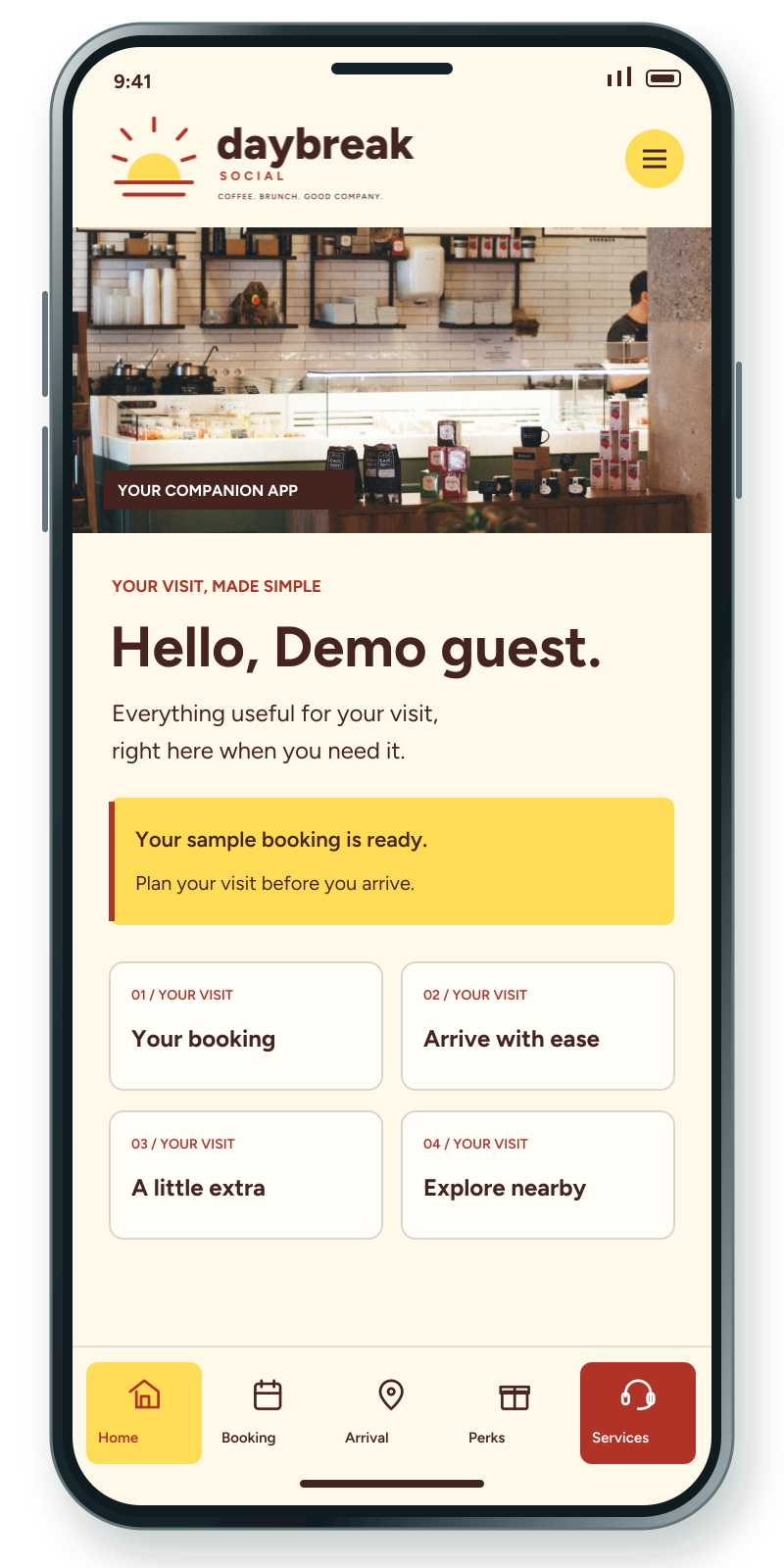 Phone app preview with a branded header, sample visit dashboard and bottom navigation