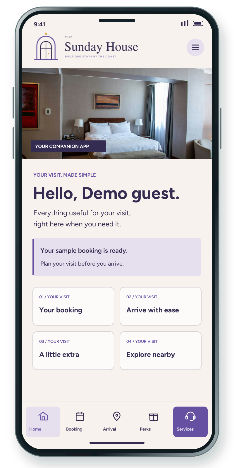 Phone app preview with a branded header, sample visit dashboard and bottom navigation