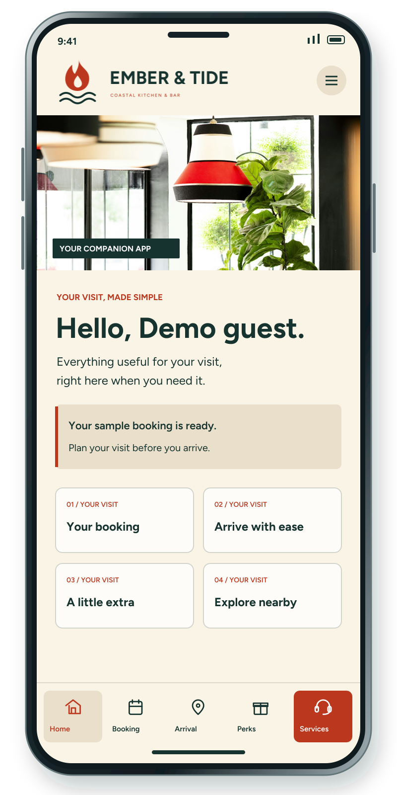 Phone app preview with a branded header, sample visit dashboard and bottom navigation