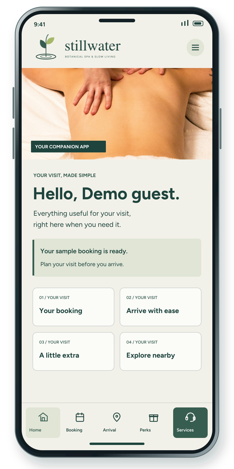 Phone app preview with a branded header, sample visit dashboard and bottom navigation